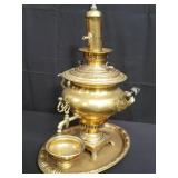 Antique Russian brass samovar, tray, drip bowl