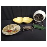 Box of brass crab, ceramic divided bowl, pottery