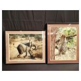 Pair of photo prints, elephant and cheetah.