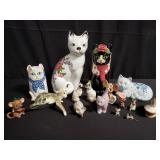 Box of cat and mouse figures, ceramic cats,