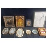 Group of art work, charcoal drawing, print, &