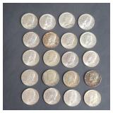 Twenty 1966 - 1969 silver Kennedy half dollar