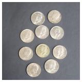 Ten 1965 - 1968 Kennedy silver clad half dollars
