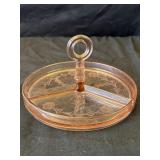 Vintage pink depression glass dish with handle