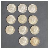 Eleven 1966 - 1968  silver Kennedy half dollar
