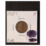 1915-S Lincoln Wheat Cent coin marked Fine