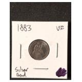 1883 Seated Liberty Silver Dime coin marked VF,