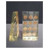 Mid-century Lucite bookends w/ 1971 pennies