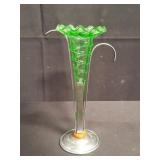 Vintage uranium glass bud vase with metal stand