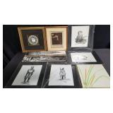 Box of framed pictures, Rich Cobren art, and book