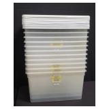 11 plastic storage bins with 7 lids
