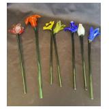 Group of 7 hand blown art glass flowers