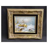 Framed signed enamel on copper naï¿½ve art winter