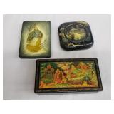 Group of 3 signed hand painted Russian laquer