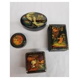 Group of 4 signed hand painted Russian laquer