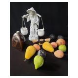 Box of miscellaneous glass fruits, lidded jar,