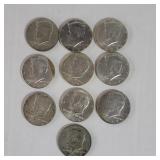 Ten 1966 - 1968 Kennedy 40% silver half dollar