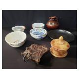 Box of miscellaneous Asian bowls, vase, coat