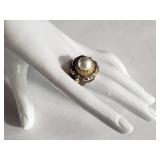 Sterling silver gold wash pearl & diamonds ring PB