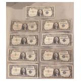 Nine 1957-A $1 US Silver Certificate paper money