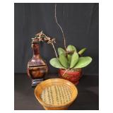 Box of Asian wooden planter, lidded jar, and bowl