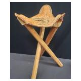 Vintage Mexico leather and wood 3-legged stool