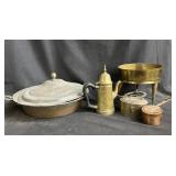 Vintage copper cradle bowl with brass coffee pot