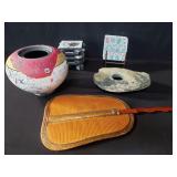 Box of miscellaneous coasters, vase, fan, etc