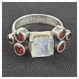 Sterling silver (925) moon stone and garnets ring