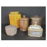 Box of miscellaneous copper covered jars ,