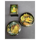 Group of 3 signed hand painted Russian laquer