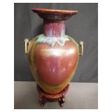 Signed pottery vase w/ wood stand
