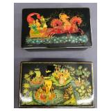 Pair of signed hand painted Russian laquer boxes