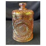 Vintage RubiGold carnival glass jar with lid