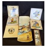 5 VTG hand painted tiles & 2 hand painted trays