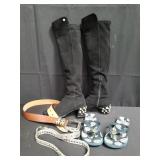 Group of girls boots, belts etc. Box lot