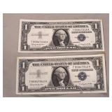 Pair of crisp 1957-B $1 US Silver Certificates