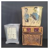 Pair of wood waste baskets,  rattan covered box .