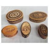 Group of 5 Russian birch bark trinket boxes
