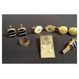 Group of gold fill cufflinks, money clips & ring