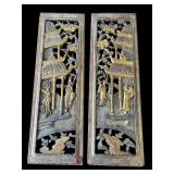 Pair of antique Asian carved wood wall plaques