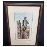 Signed ink and watercolor painting