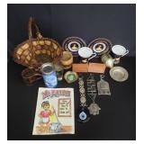 Box of miscellaneous items: basket, coin bank,