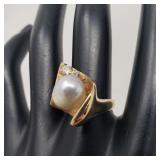 14k gold, pearl & diamond ring