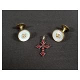 Pair of sterling silver cufflinks and cross