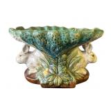 VTG signed Majolica ceramic rabbit pedestal bowl