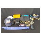 Box of miscellaneous caps, reading glasses.