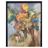 Unframed abstract oil on board initialed RJ