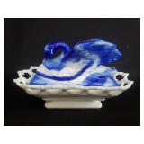 Blue and white glass swan nest lidded candy dish
