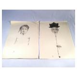 2 vintage asian drawings ink stamped